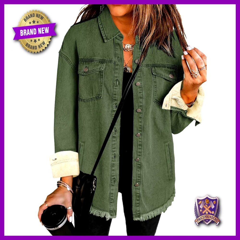 Oversized Fleece Lined Denim Jacket Women Winter Long Sleeves Side Pockets Chic